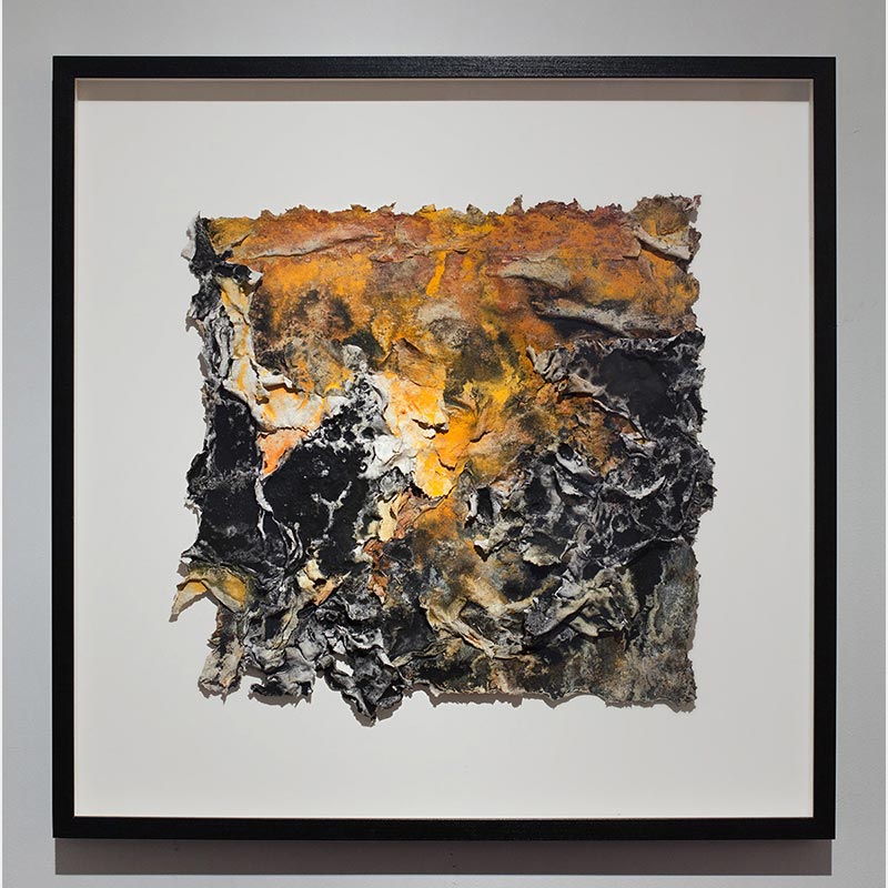 Framed abstract textural work on paper. Mainly yellow and black colors. Title: Charta: Ater, Gilvus et Flavus