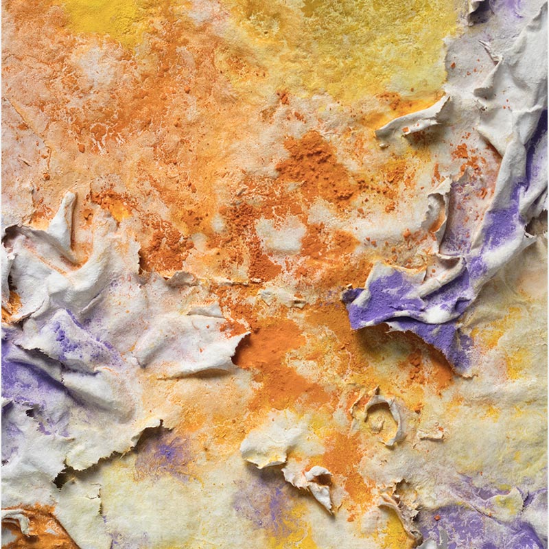 Detail of an abstract textural work on paper. Mainly yellow, orange, and purple colors. Title: Solstitium