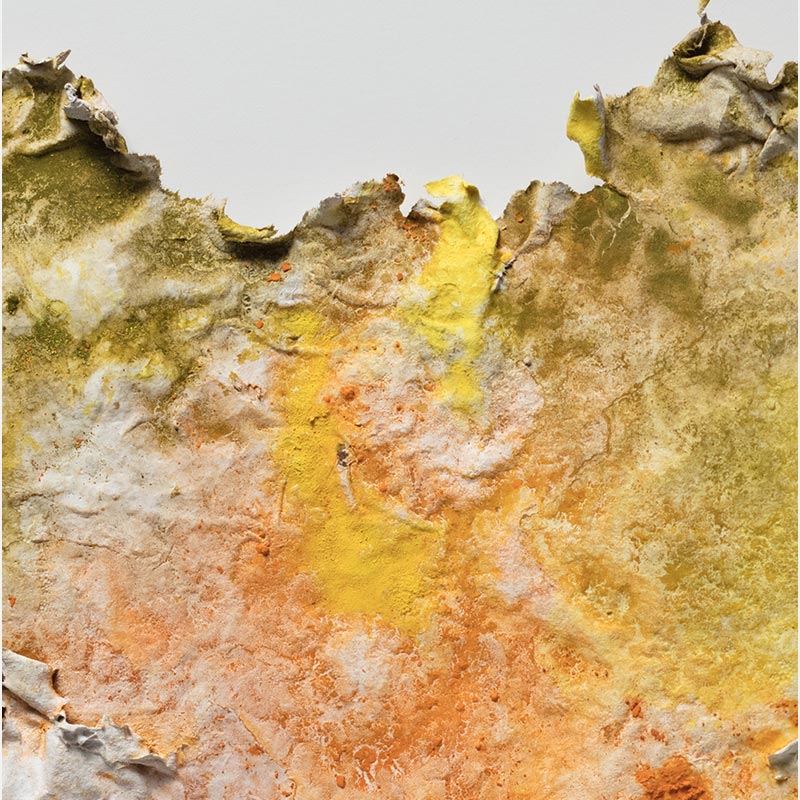 Detail of an abstract textural work on paper. Mainly yellow, orange, and purple colors. Title: Solstitium