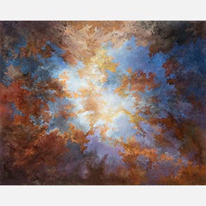 Abstract painting with reference to nature by Ruggero Vanni. Mainly orange, yellow, and brown colors. Title: Into the Light IV. Link to painting's page with detailed images.