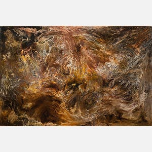 Abstract painting with reference to nature by Ruggero Vanni. Mainly orange, yellow, and brown colors. Title: Radices Chaoi I. Link to painting's page with detailed images.