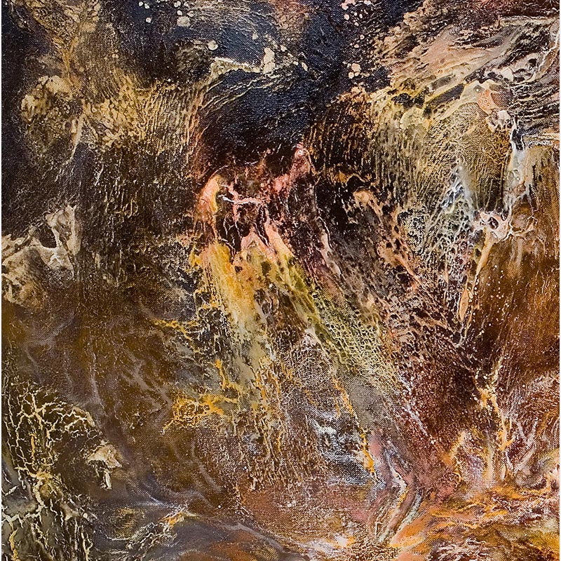 Detail of an abstract painting with reference to nature by Ruggero Vanni. Mainly orange, yellow, and brown colors. Title: Radices Chaoi I