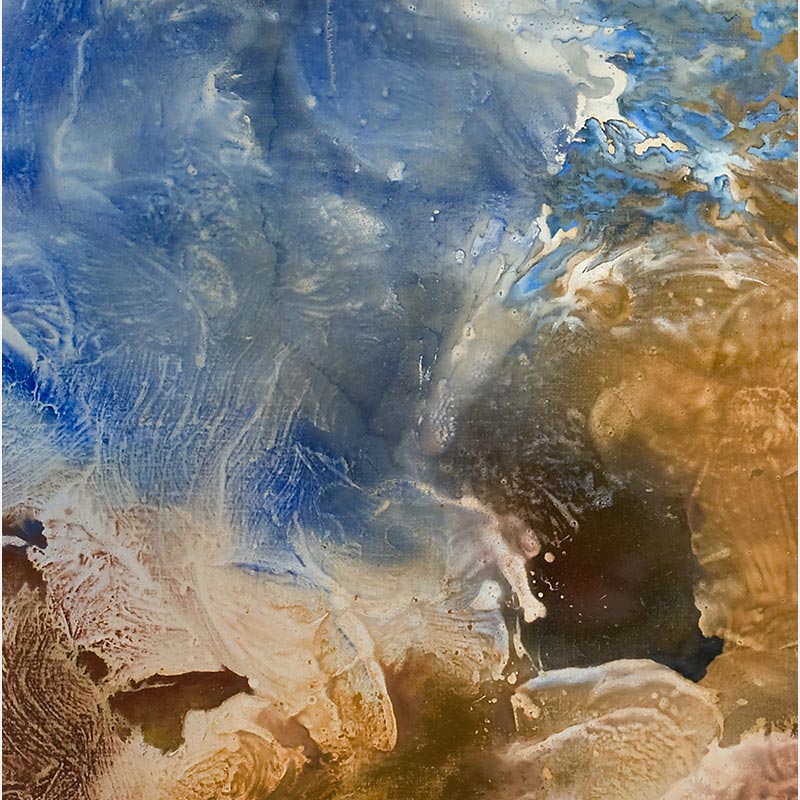 Detail of an abstract painting with reference to nature by Ruggero Vanni. Mainly ochre, blue, and brown colors. Title: Aditus Caeli I