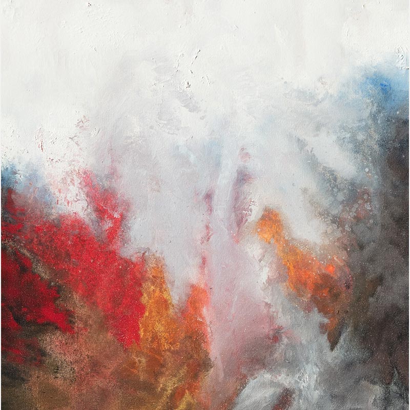 Detail of an abstract painting with reference to nature by Ruggero Vanni. Mainly red, yellow, and black colors. Title: Combustion