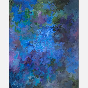 Abstract painting with reference to nature by Ruggero Vanni. Mainly blue, green, and purple colors. Title: In the Cold Light I. Link to painting's page with detailed images.