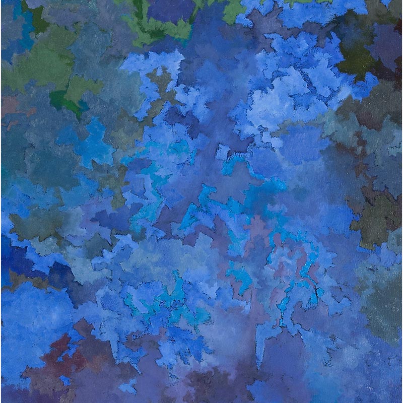 Detail of an abstract painting with reference to nature by Ruggero Vanni. Mainly blue, green, and purple colors. Title: In the Cold Light I