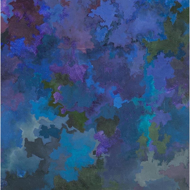 Detail of an abstract painting with reference to nature by Ruggero Vanni. Mainly blue, green, and purple colors. Title: In the Cold Light I