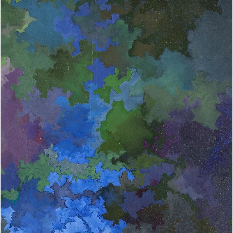 Detail of an abstract painting with reference to nature by Ruggero Vanni. Mainly blue, green, and purple colors. Title: In the Cold Light I