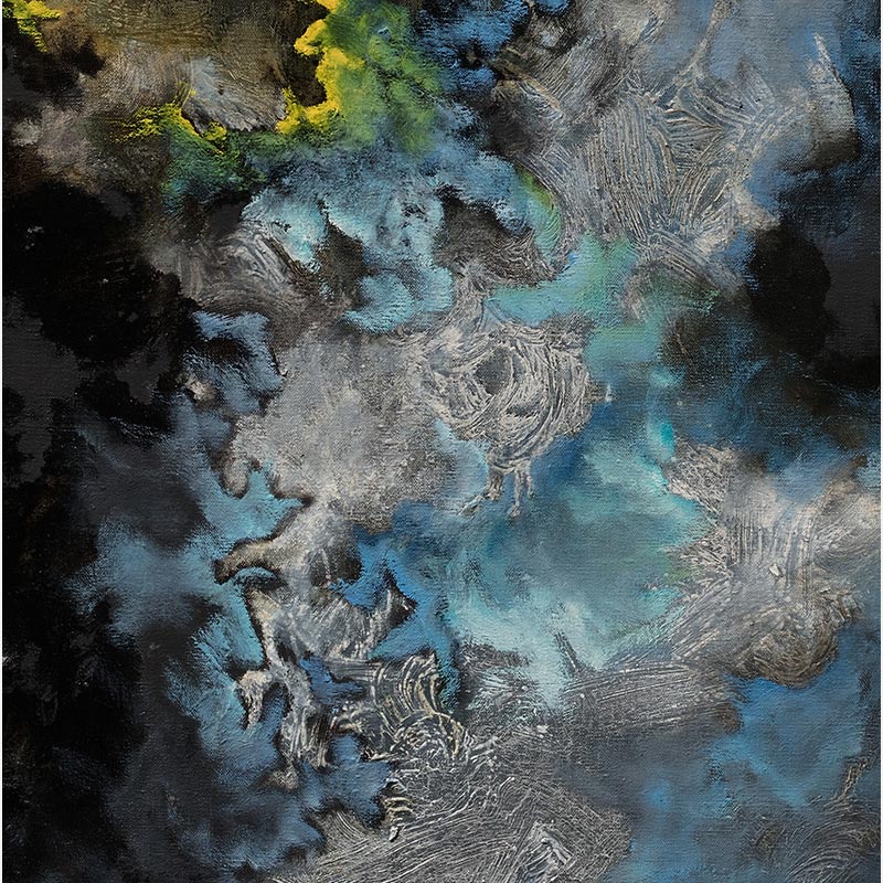 Detail of an abstract painting with reference to nature by Ruggero Vanni. Mainly blue, yellow, and black colors. Title: Glaciatus Ignis