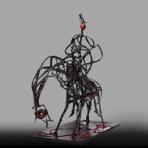Figurative open-armature sculpture by Angelo Canevari. Title: Hussar. Link to sculpture's page with detailed images.