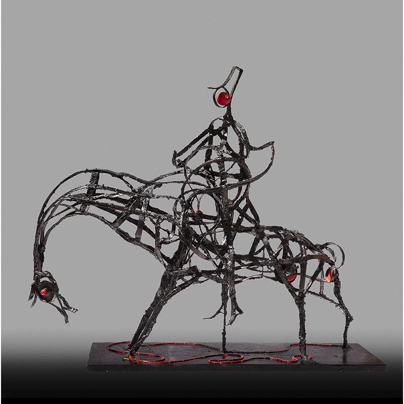 Figurative open-armature sculpture by Angelo Canevari. Title: Hussar