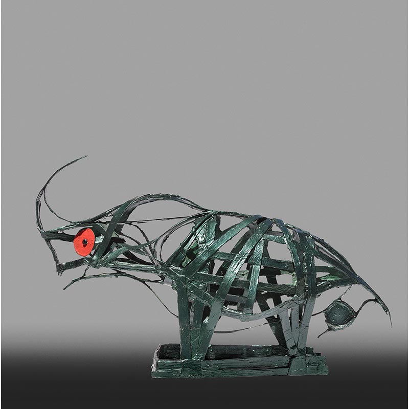 Figurative open-armature sculpture by Angelo Canevari. Title: Rhinoceros