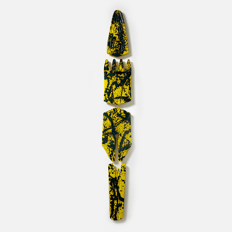 Figurative expressionist totemic sculpture by Giorgio Crisafi. Mainly yellow, black colors. Title: Bonds XIII