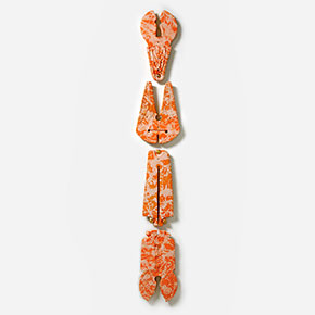 Figurative expressionist totemic glazed ceramic bas-relief by Giorgio Crisafi. Mainly orange colors. Title: Bonds XVI. Link to the artwork's dedicated page featuring high-resolution detailed images, full info, and an in-depth analysis of its artistic significance.