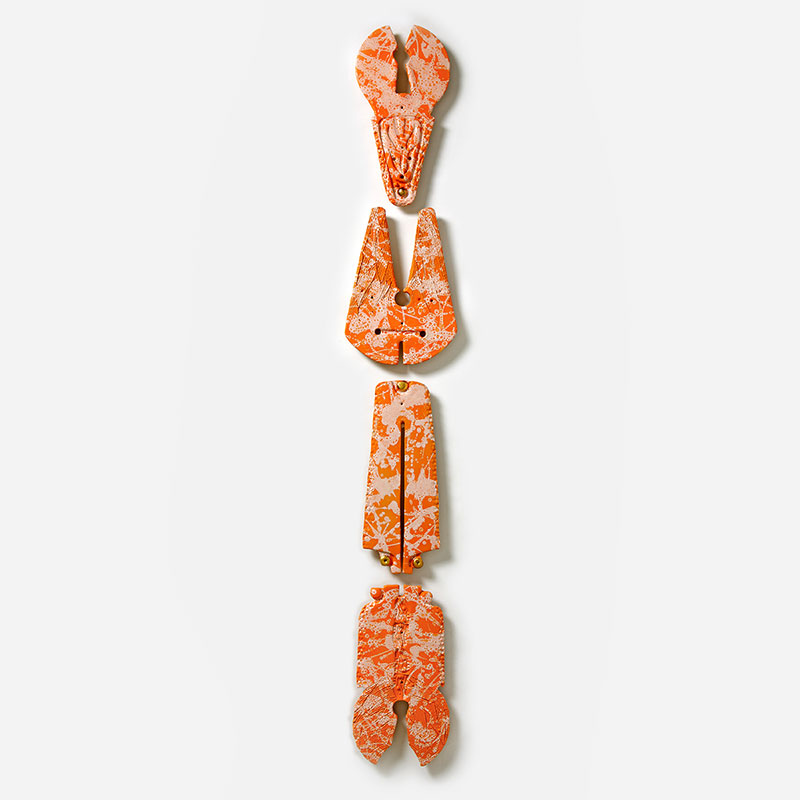 Figurative expressionist totemic sculpture by Giorgio Crisafi. Mainly orange colors. Title: Bonds XVI