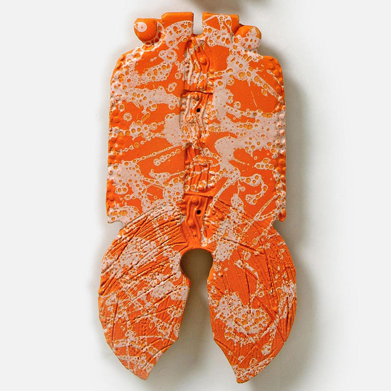 Detail of a figurative expressionist totemic sculpture by Giorgio Crisafi. Mainly orange colors. Title: Bonds XVI