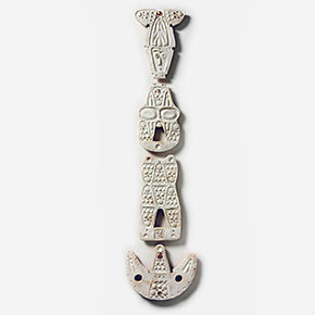 Figurative expressionist totemic glazed ceramic bas-relief by Giorgio Crisafi. Mainly white colors. Title: Bonds XVII. Link to the artwork's dedicated page featuring high-resolution detailed images, full info, and an in-depth analysis of its artistic significance.