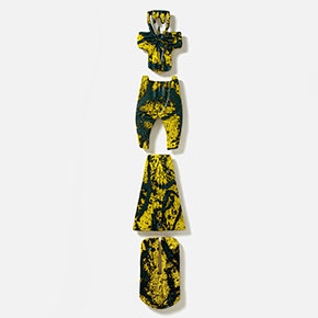Figurative expressionist totemic glazed ceramic bas-relief by Giorgio Crisafi. Mainly yellow, black colors. Title: Bonds XX. Link to the artwork's dedicated page featuring high-resolution detailed images, full info, and an in-depth analysis of its artistic significance.