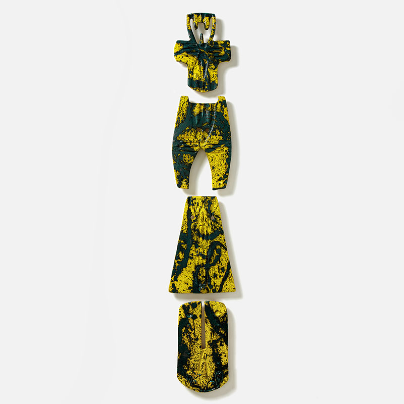 Figurative expressionist totemic sculpture by Giorgio Crisafi. Mainly yellow, black colors. Title: Bonds XX