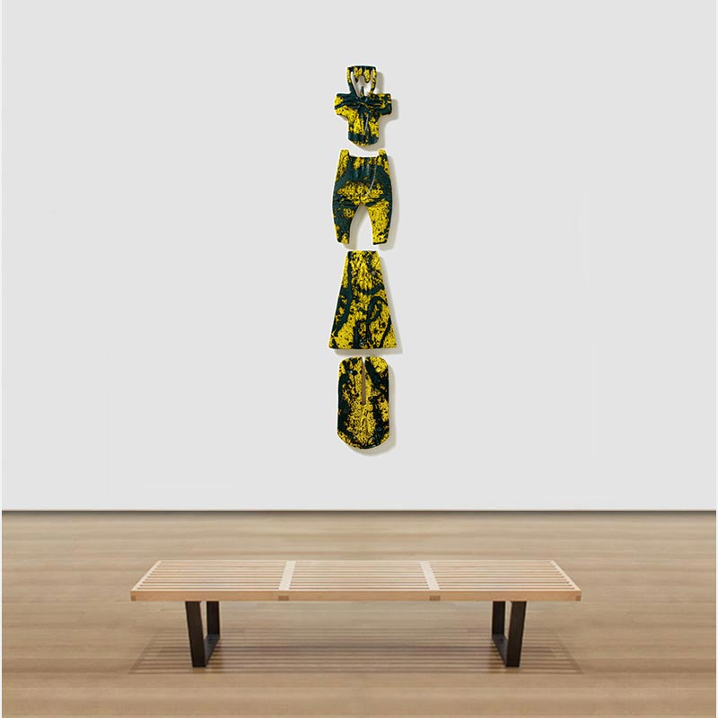 View in a room of a figurative expressionist totemic sculpture by Giorgio Crisafi. Mainly yellow, black colors. Title: Bonds XX