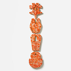 Figurative expressionist totemic glazed ceramic bas-relief by Giorgio Crisafi. Mainly orange colors. Title: Bonds XXIII. Link to the artwork's dedicated page featuring high-resolution detailed images, full info, and an in-depth analysis of its artistic significance.