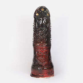 Figurative expressionist totemic glazed ceramic sculpture by Giorgio Crisafi. Mainly red colors. Title: Golden Apparition II. Link to the artwork's dedicated page featuring high-resolution detailed images, full info, and an in-depth analysis of its artistic significance.
