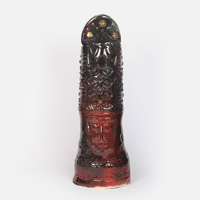 Figurative expressionist totemic glazed ceramic sculpture by Giorgio Crisafi. Mainly red colors. Title: Golden Apparition II