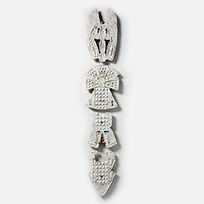 Figurative expressionist totemic glazed ceramic bas-relief by Giorgio Crisafi. Mainly white colors. Title: Bonds XV. Link to the artwork's dedicated page featuring high-resolution detailed images, full info, and an in-depth analysis of its artistic significance.