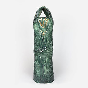 Figurative expressionist totemic glazed ceramic sculpture by Giorgio Crisafi. Mainly green colors. Title: Apparition II. Link to the artwork's dedicated page featuring high-resolution detailed images, full info, and an in-depth analysis of its artistic significance.