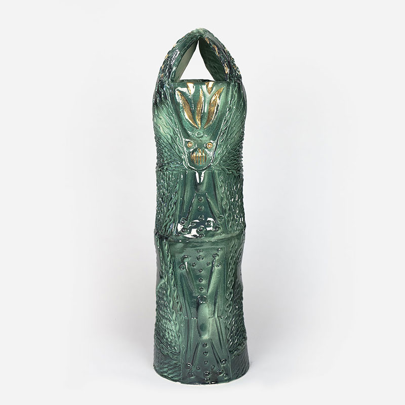 Figurative expressionist totemic glazed ceramic sculpture by Giorgio Crisafi. Mainly green colors. Title: Apparition II