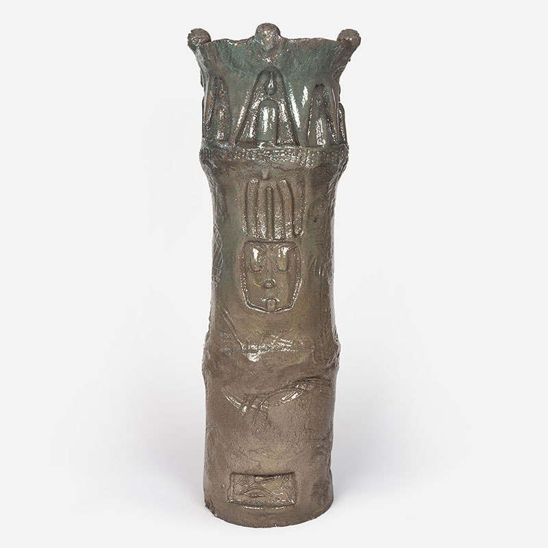 Figurative expressionist totemic glazed ceramic sculpture by Giorgio Crisafi. Mainly brown colors. Title: Earth Apparition