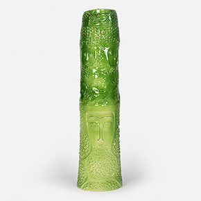 Figurative expressionist totemic glazed ceramic sculpture by Giorgio Crisafi. Mainly green, yellow colors. Title: Greengold Apparition I. Link to the artwork's dedicated page featuring high-resolution detailed images, full info, and an in-depth analysis of its artistic significance.