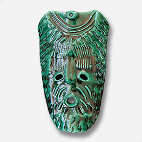 Figurative expressionist sculpture by Giorgio Crisafi. Mainly green colors. Title: Green God Mask. Link to the artwork's dedicated page featuring high-resolution detailed images, full info, and an in-depth analysis of its artistic significance.