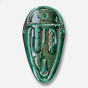 Figurative expressionist sculpture by Giorgio Crisafi. Mainly green colors. Title: Green Goddess Mask. Link to the artwork's dedicated page featuring high-resolution detailed images, full info, and an in-depth analysis of its artistic significance.