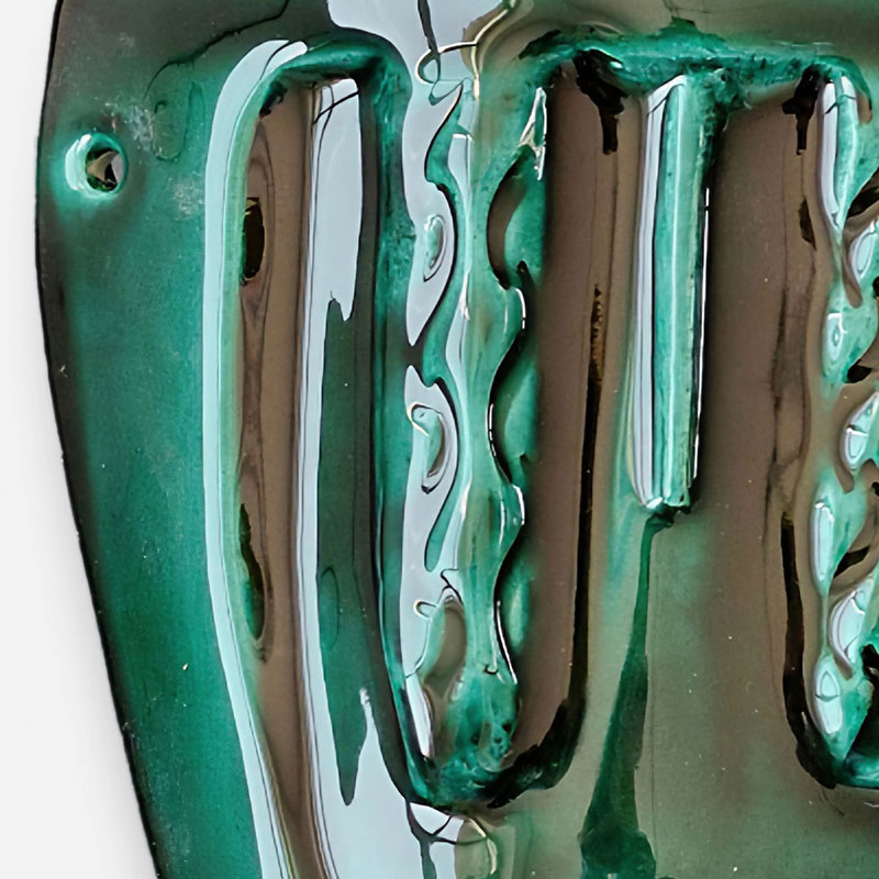 Detail of a figurative expressionist relief depicting Green Goddess Mask by Giorgio Crisafi. Mainly green colors. Title: Green Goddess Mask