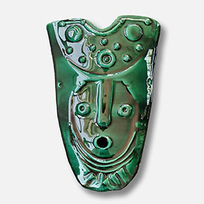 Figurative expressionist sculpture by Giorgio Crisafi. Mainly green colors. Title: Green Goddess Mask II. Link to the artwork's dedicated page featuring high-resolution detailed images, full info, and an in-depth analysis of its artistic significance.