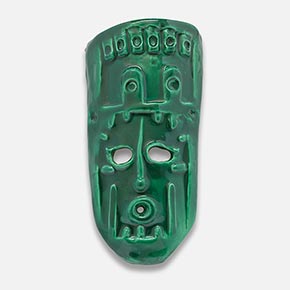 Maschera Zufolo II, Glazed Ceramic, 11.5 x 6 x 1.4 inches - $ 1,500 Figurative ceramic mask sculpture by Giorgio Crisafi, green glaze, shield-shaped with geometric apertures and battlement crown. Title: Whistle Mask II. Link to the artwork's dedicated page featuring high-resolution detailed images, full info, and an in-depth analysis of its artistic significance.