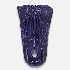 Maschera Blu II, Glazed Ceramic, 11.9 x 7.1 x 2 inches - $ 1,500 Figurative ceramic mask sculpture by Giorgio Crisafi, deep ultramarine blue glaze with vertical draped texture. Title: Blue Mask II. Link to the artwork's dedicated page featuring high-resolution detailed images, full info, and an in-depth analysis of its artistic significance.