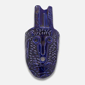 Maschera Blu I, Glazed Ceramic, 12.2 x 6.3 x 2.4 inches - $ 1,500 Figurative ceramic mask sculpture by Giorgio Crisafi, cobalt blue glaze on all-over diagonal incised surface, pointed almond form. Title: Blue Mask I. Link to the artwork's dedicated page featuring high-resolution detailed images, full info, and an in-depth analysis of its artistic significance.